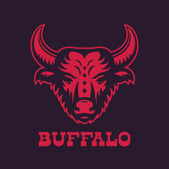 buffalo, bull head logo element, red on dark