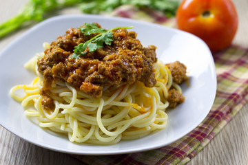 Spaghetti Bolognese on white plate