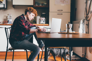 Young lesbian woman sitting at desk with pen hand hold using computer studying - student,...