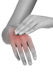 woman holding her hand and massaging in pain area black and white color with red highlighted, Isolated on white background.