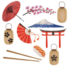 Japanese watercolor set - cherry blossoms branch, paper lanterns, Fuji mountain, gate, red umbrella, fan