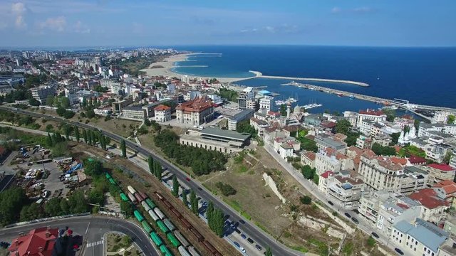 Flight over Constanta city and coastline, Romania