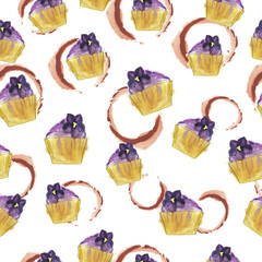 Seamless pattern with violet flower cupcakes and tea or coffee stains on white background. Hand drawn watercolor illustration.