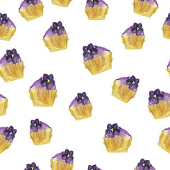 Seamless pattern with violet flower  cupcakes on white background. Hand drawn watercolor illustration.