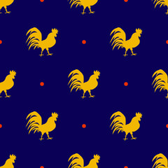 Seamless pattern with golden roosters with red spots on blue background