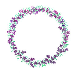 Lavender flower wreath in watercolor on white background, hand painted
