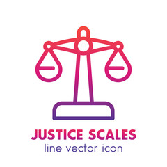 Scales icon in linear style over white, justice symbol, vector illustration