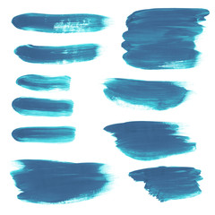 Set of blue, turquoise watercolor hand painting brush stroke textures. Collection of grunge design elements isolated on white background. Gouache, acrylic art abstract illustration.