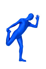 Mysterious blue man in morphsuit holding leg