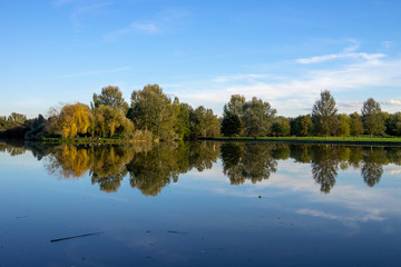 Fototapeta na wymiar Trees mirrored in a pond in Autumn
