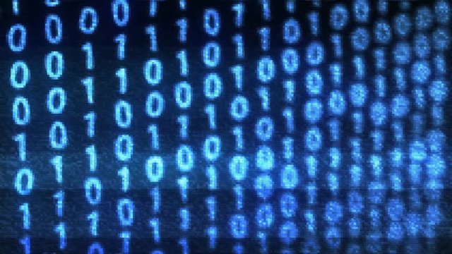 Technological Digital binary data glitch background with representation of binary code. Binary digits 1 and 0 in different configurations on blue background. Animation.