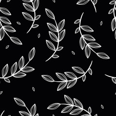 Nature seamless pattern. Hand drawn branches of leaves. Spring wrapping paper. Vector illustration. Monochrome. - 136349314