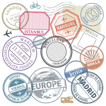 Travel stamps or adventure symbols set Europe theme