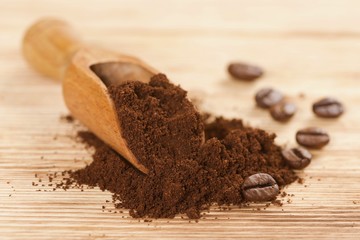 coffee powder on a wooden background