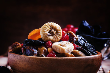 Dried figs, dried apricots, raisins, dates, prunes and cherries - obrazy, fototapety, plakaty