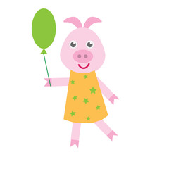 flat illustration vector pig with balloon