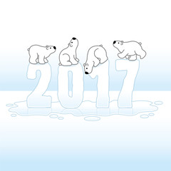 Four Polar Bears Balancing on Melting Year 2017 in Ice