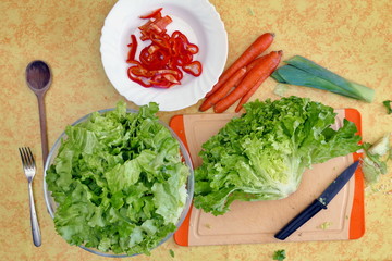 Top view vegetables on table - green lettuce