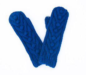 Blue knitted woolen mittens with ornament