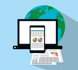 laptop computer, earth planet and smartphone over blue background. colorful design. vector illustration