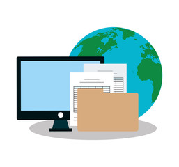 computer monitor, earth planet and document pages over white background. colorful design. vector illustration