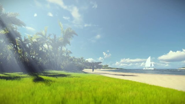 Grandfather resting and little boy with airplane running, tropical island, morning mist
