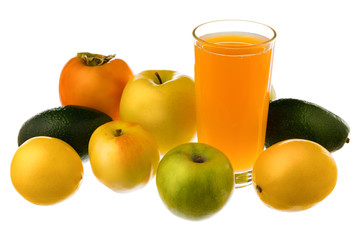 A glass of fruit juice, lemon, Apple, avocado, persimmon isolated on white background