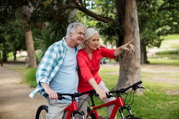 Fototapeta na wymiar Senior couple standing with bicycle in park