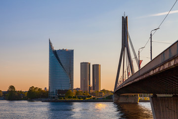 Modern skyscrapers and bridge over Daugava river. Riga, Latvia