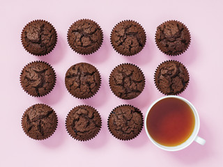 Chocolate cupcakes  with cup of tea