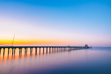Vacation and Holiday concept - Wooden pier between sunset in Samut Prakan, Thailand,Summer, Travel
