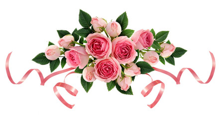 Pink rose flowers and ribbons arangement