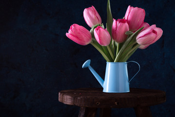 Fresh pink tulip flowers bouquet . View with copy space Spring holiday concept