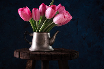 Fresh pink tulip flowers bouquet . View with copy space Spring holiday concept