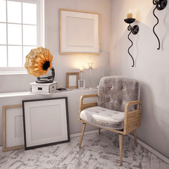 3d illustration, loft interior with bench, frames and gramophone