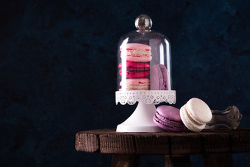 Colorful tasty macaroons in glass jars on dark blue wall background