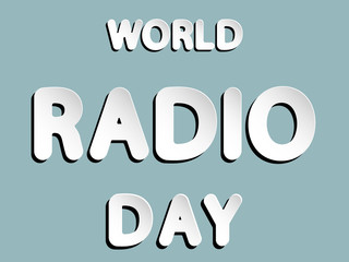 vector lettering word of world radio day with white and gray gradient with shadow and white glow as paper or metallic effect on blue retro colors background