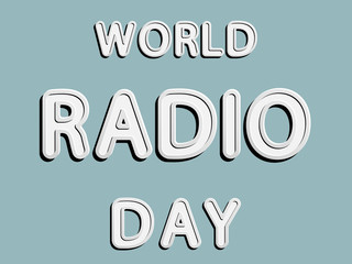 vector lettering word of world radio day with white and gray gradient with shadow and white glow as paper or metallic effect on blue retro colors background