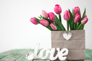 Valentine's Day concept. Beautiful tulip bouquet with heart shape,love shape