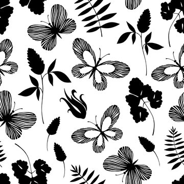 Seamless pattern with butterflies and branches. 