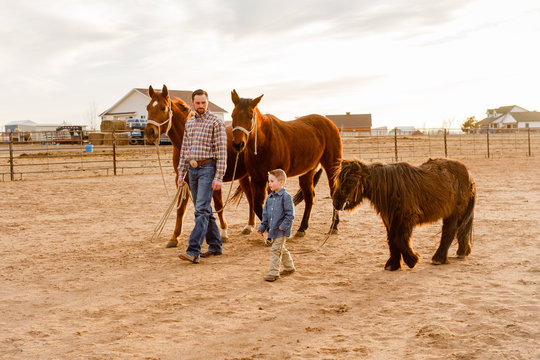 Father and son walking with pony and two horses at ranch