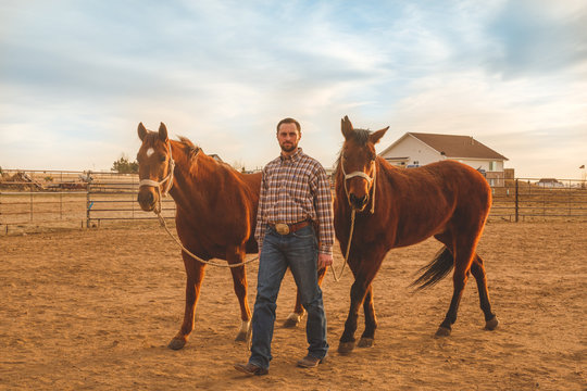 Man walking two horses