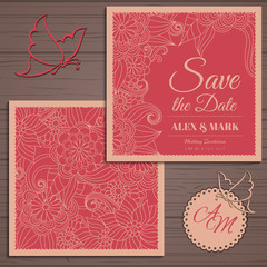 Naklejka premium Wedding invitation card suite with flower Templates.Vector Illustration