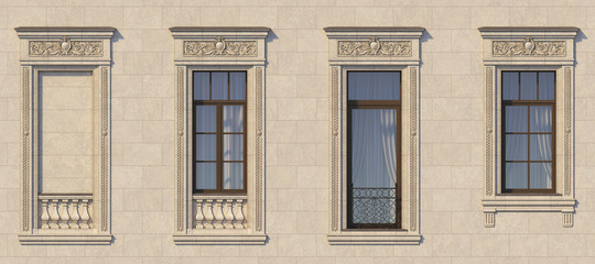 Fototapeta na wymiar Framing of windows in classic style on the stone. 3d rendering.