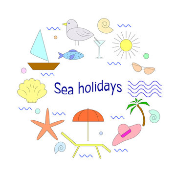 Unique vector concept f sea holidays with different summer and sea vacation elements. Illustration for t-shirts, banners,flayers and other types of business design.