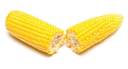 A corn is isolated on white background. Flat lay, top view
