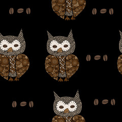 Seamless pattern with abstract owl with coffee in the eye