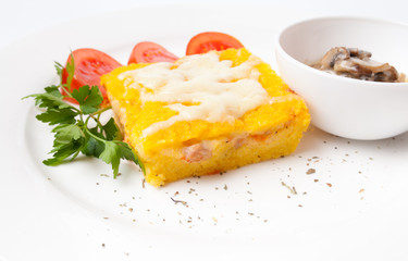 Corn casserole with mushroom sauce