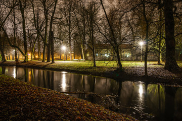 trees and river in a park by night