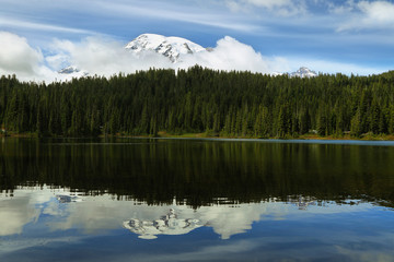 Scenic view of Mount Rainier reflected in reflection lakes